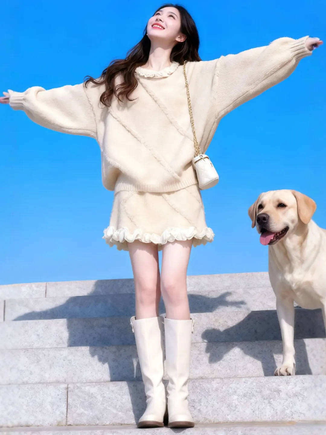 

Модный зимний женский костюм-двойка: свитер и юбка с высокой талией, удобный крой