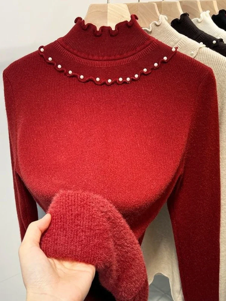 Autumn Simple Versatile Pullover Winter Fleece-lined Sweater Women Black Fungus Edge Half High Collar Knitted Sweater