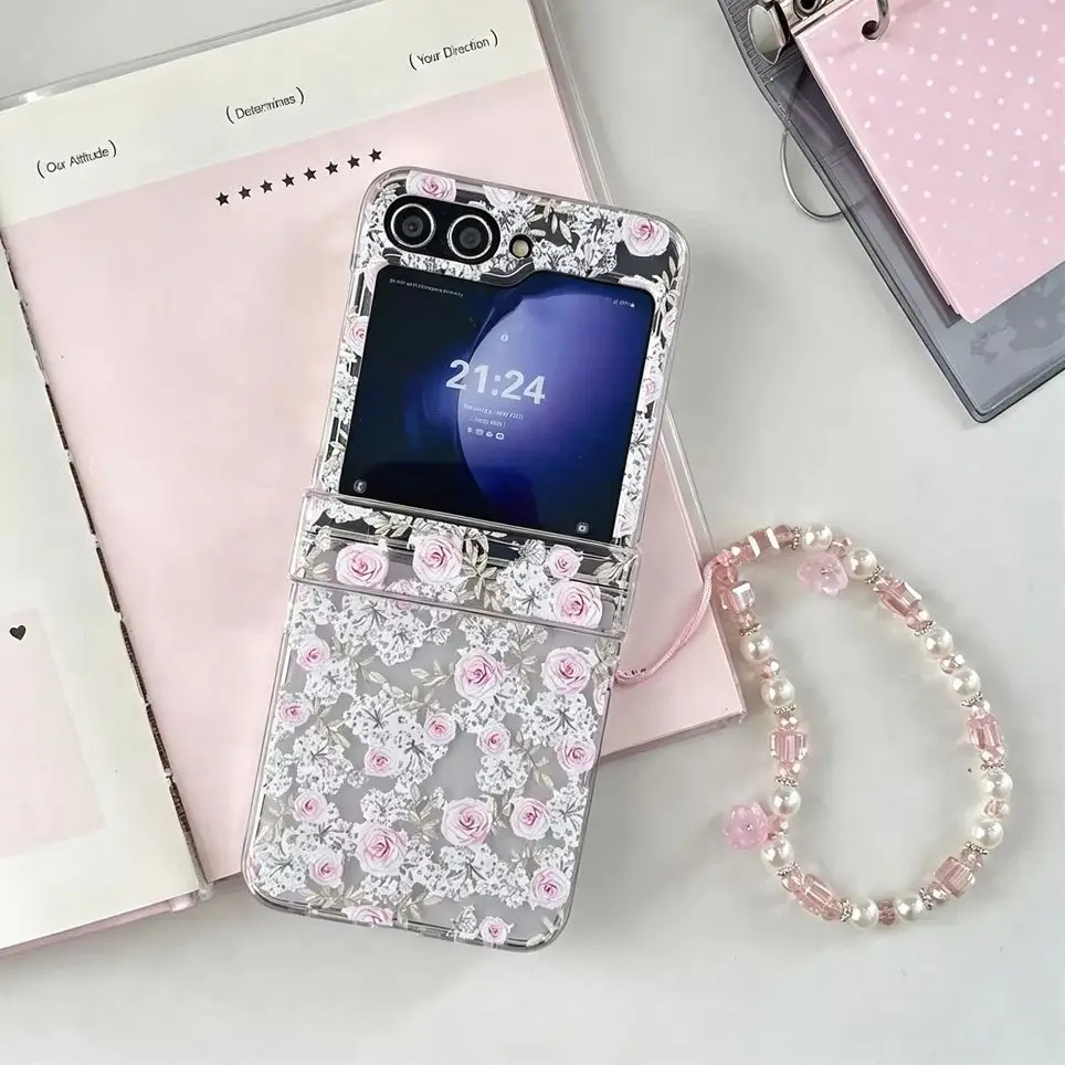 Elegant Cottage Pink Rose Floral Printed Clear Phone Case for Samsung Galaxy Z Flip 7-3 Crystal Bead Strap Protective Cover