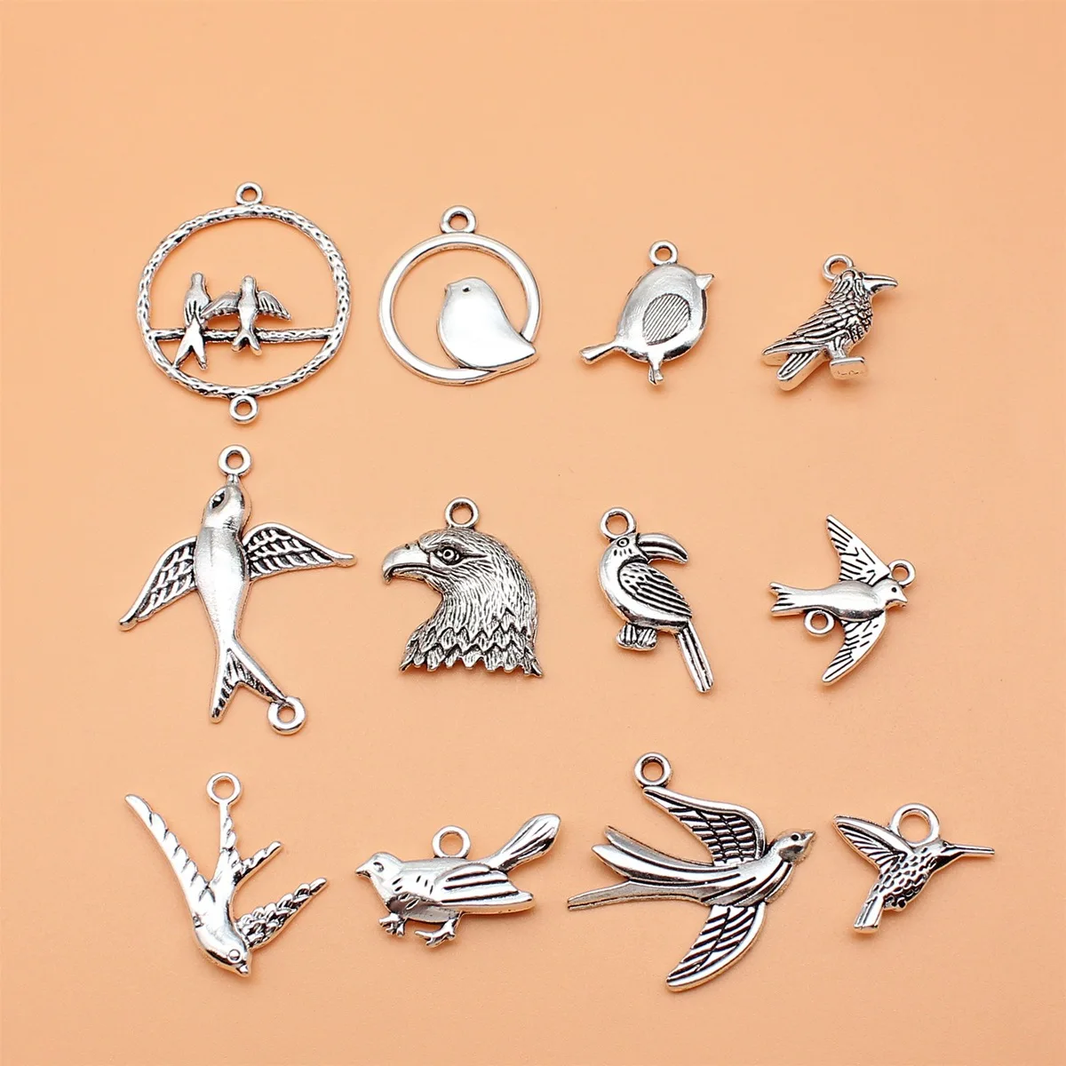 12pcs Antique Silver Color Bird Eagle Toucan Swallow Hummingbird Charms Collection For DIY Jewelry Making, 12 Styles, 1 of Each