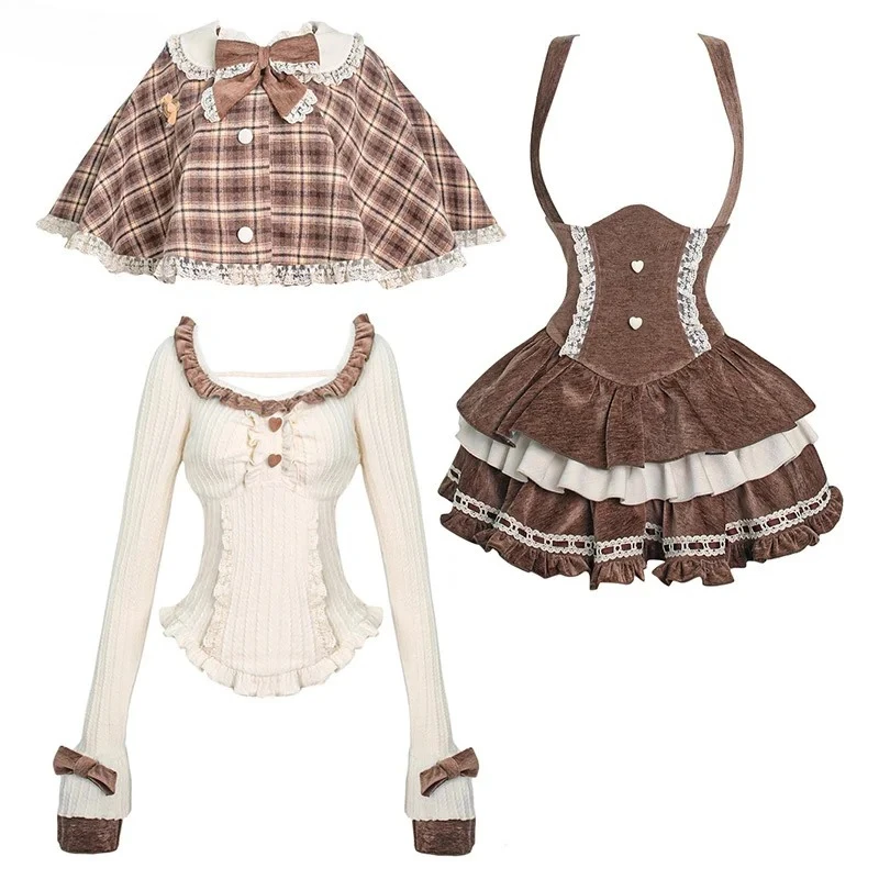 Women Kawaii Plaid Cloak Coat Knitted Top Short Party Dress Vintage Suit Korean Y2k Cape Outfits Sweet Lolita Style 3 Piece Sets