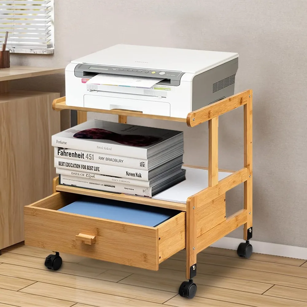 2 Tiers Wood Storage Cart with Wheels Drawer Office Printer Stand Office Rolling Cart Printer Cart for Office Library