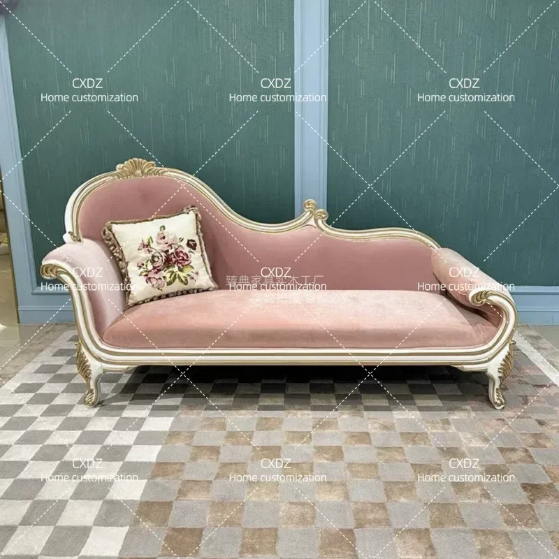 French Retro Carved Fabric Solid Wood Chair European Luxury Beauty Couch Living Room Bedroom Leisure Recliner