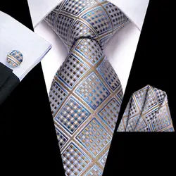 Plaid Brown Blue Silk Wedding Tie For Men Handky Cufflink Gift Men Necktie Fashion Business Party Dropshipping Hi-Tie Designer