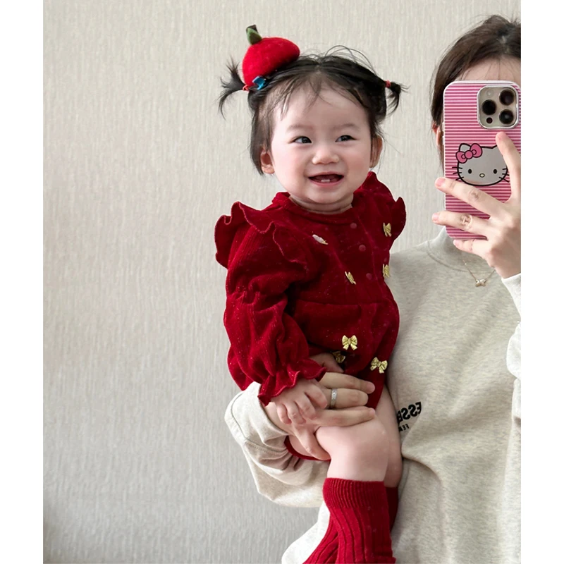 Fall Baby Red Chenille bow long sleeved jumpsuit New Baby Darling 100th full moon festive climbing outfit