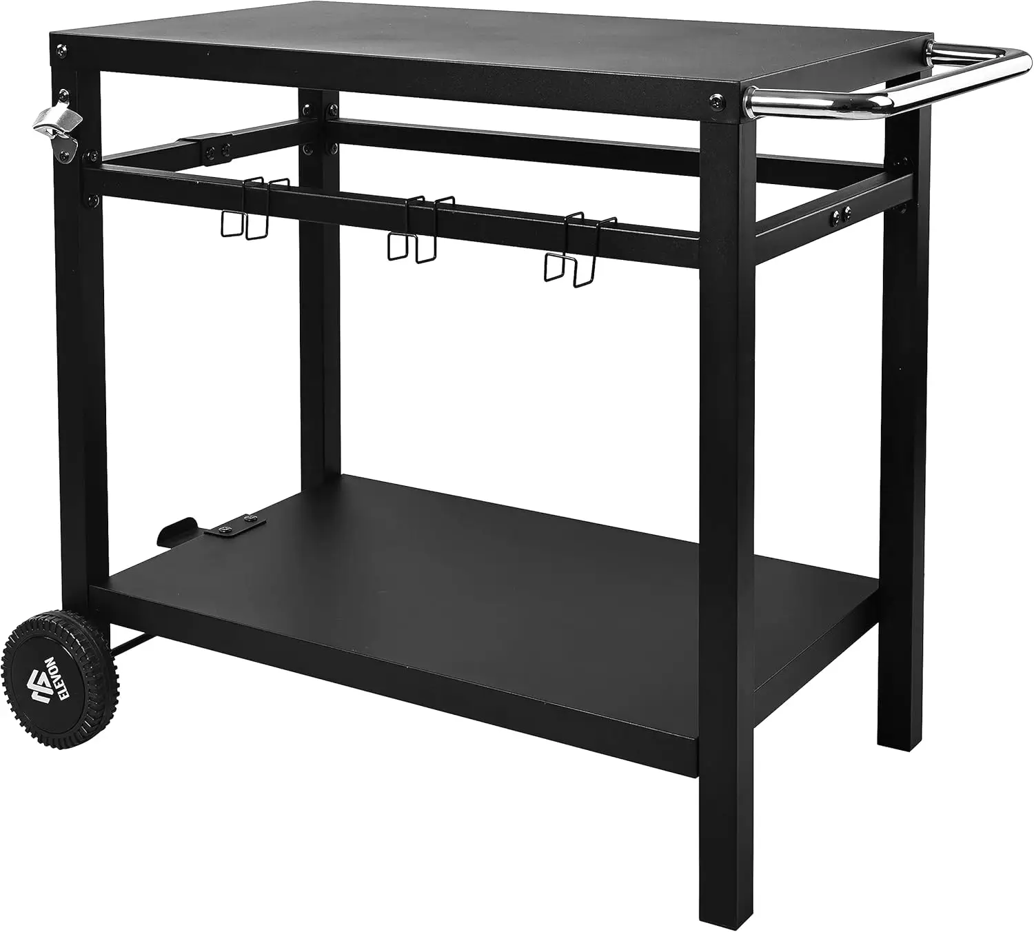 Dining Cart Table With Double-Shelf, Movable Steel Flattop Worktable, Hooks, Side Handle, Multifunctional