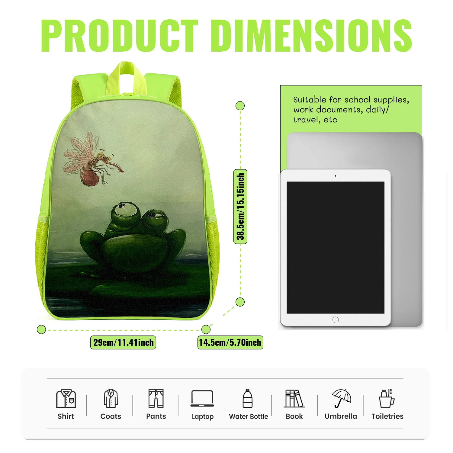 Funny Green Frog Backpack Lightweight School Bookbag with Mosquito Insect Lotus Water Print Adjustable Padded Straps
