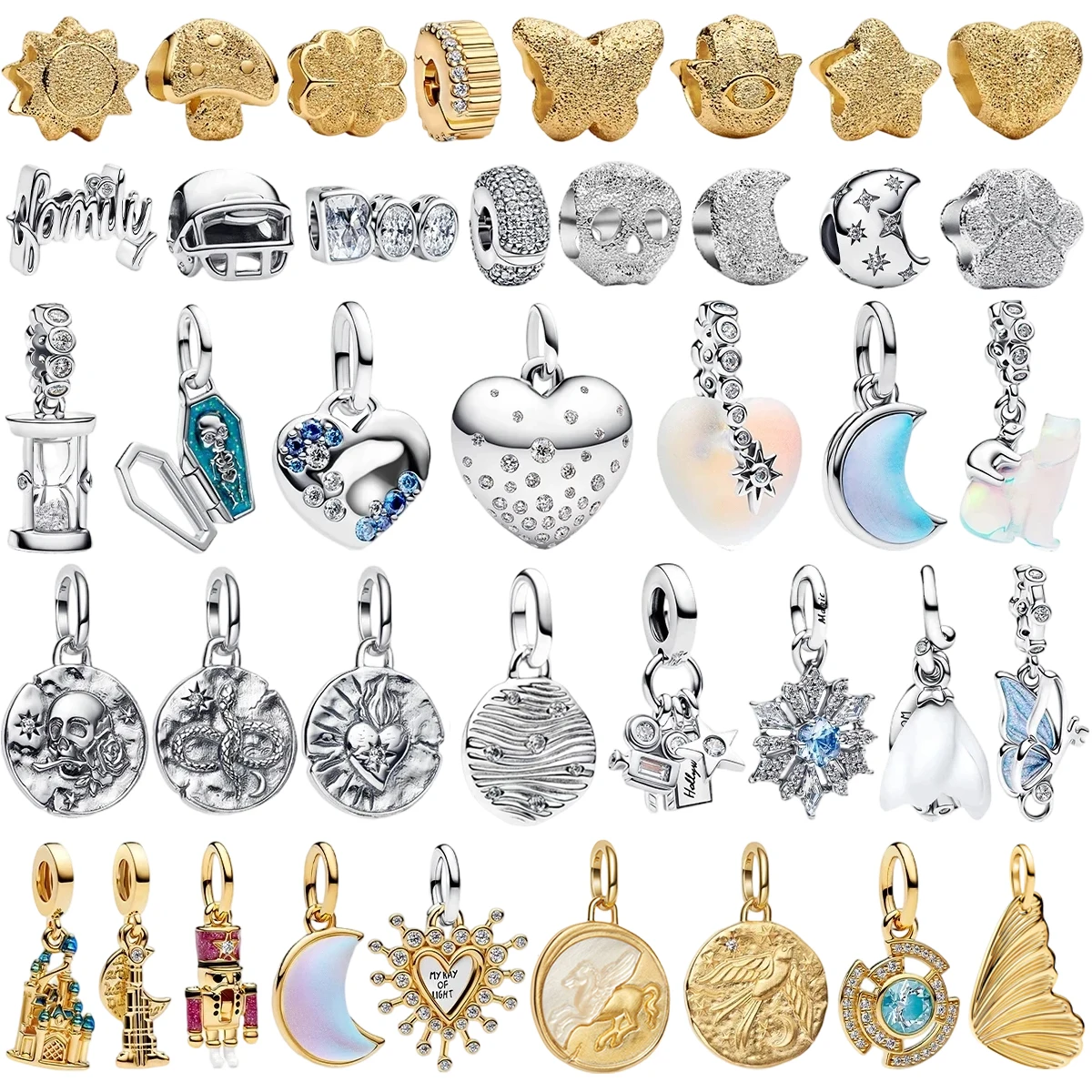 Authentique 925 argent Sterling doré rond breloques cheval Lion château perles Bracelet colliers femmes noël Halloween bricolage cadeau