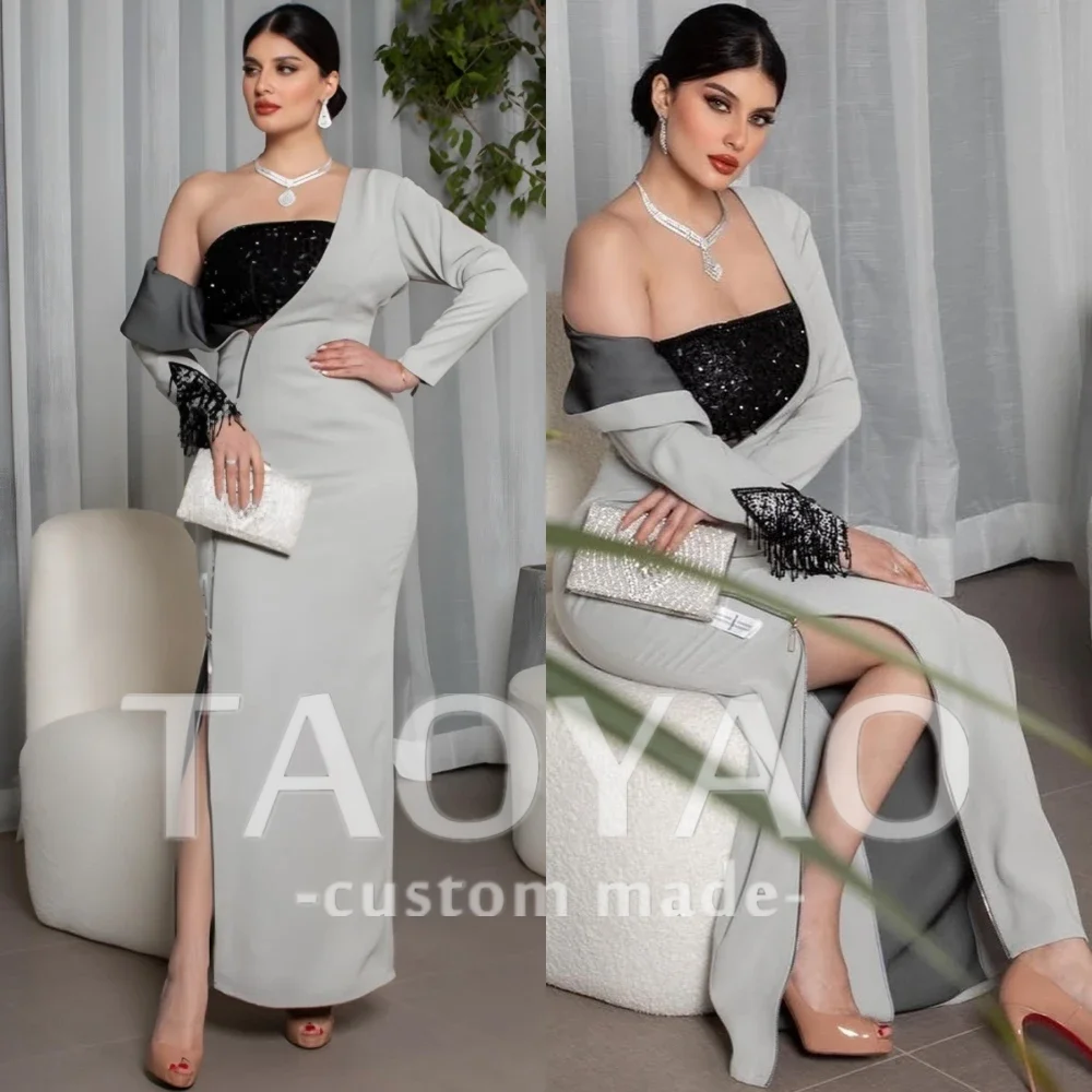 

Customized Graceful Square Collar Evening Dress Exquisite Prom Dresses Delicate Long Sleeves Side Slit Special Occasion Gowns