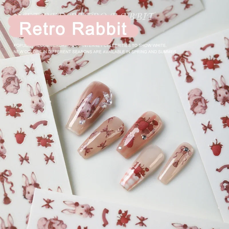 Rococo Style Vintage Retro Lovely Rabbit Nail Stickers Pink Kawaii 5D Nail Art Self Adhesive Strawberry Check Nail Accessories