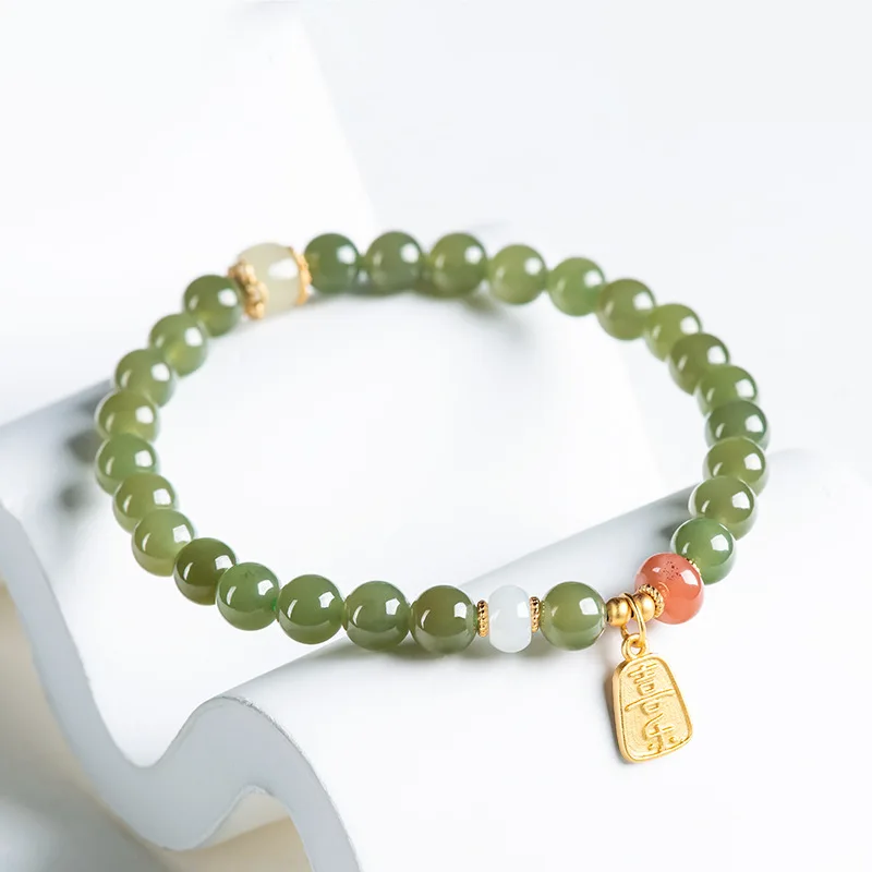 Natural Old Material Hotan Jade Blue Jade Bracelet Jade Women's Antique S925 Silver Accessories Hand String Gifts High Grade