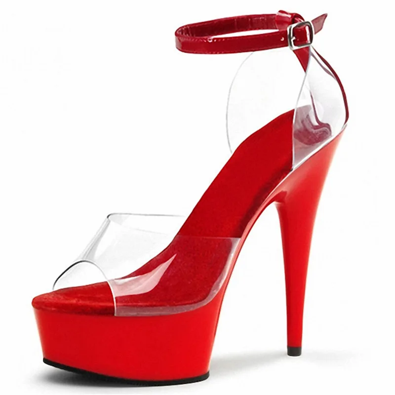 Summer Red Rose Inside Platform Clear PVC Sandals Transparent Peep Toe Ankle Strap Crystal High Heels Stage Performance Shoes