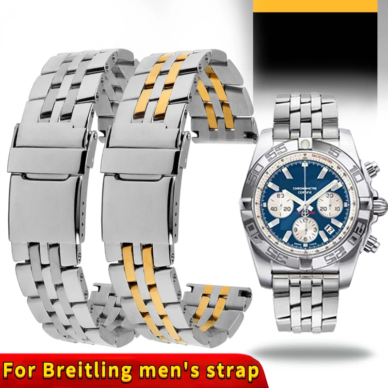 22m 24mm High Quality solid Stainless Steel Watchband For Breitling Watch Strap Men's Bracelet Push-Button Hidden Clasp bracelet