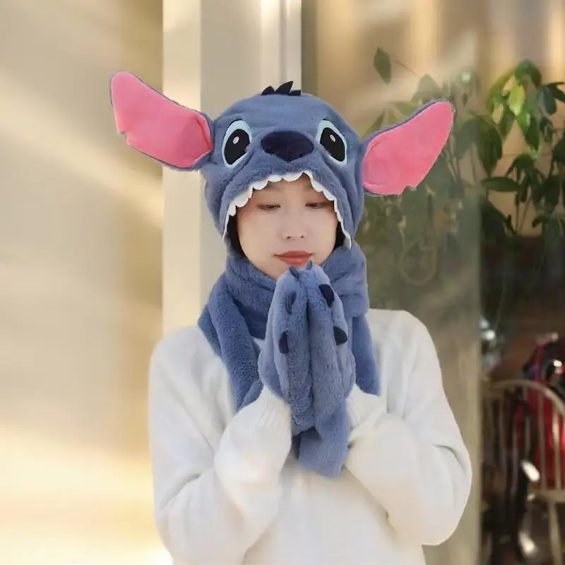 New Disney Stitch Lilo & Stitch Creative Kawaii Cute Doll Scarf Gloves Three-in-one One-piece Winter Outdoor Cycling Warm Hat