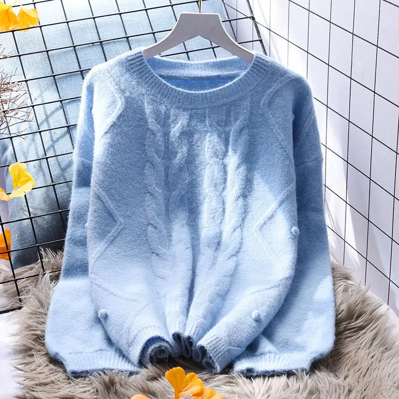 DAYIFUN Women Knitted Pullovers Ladyies Fashion O-neck Solid Long Sleeve Sweaters Tops Autumn Winter Female Thick Loose Jumpers