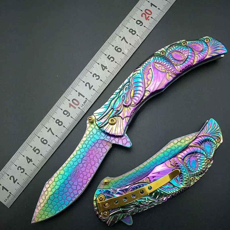 Tactical Fold Knife Dragon Carve Handle Folding Pocket Knife Collection Graphic survival camping Knives utility  tactical knifes