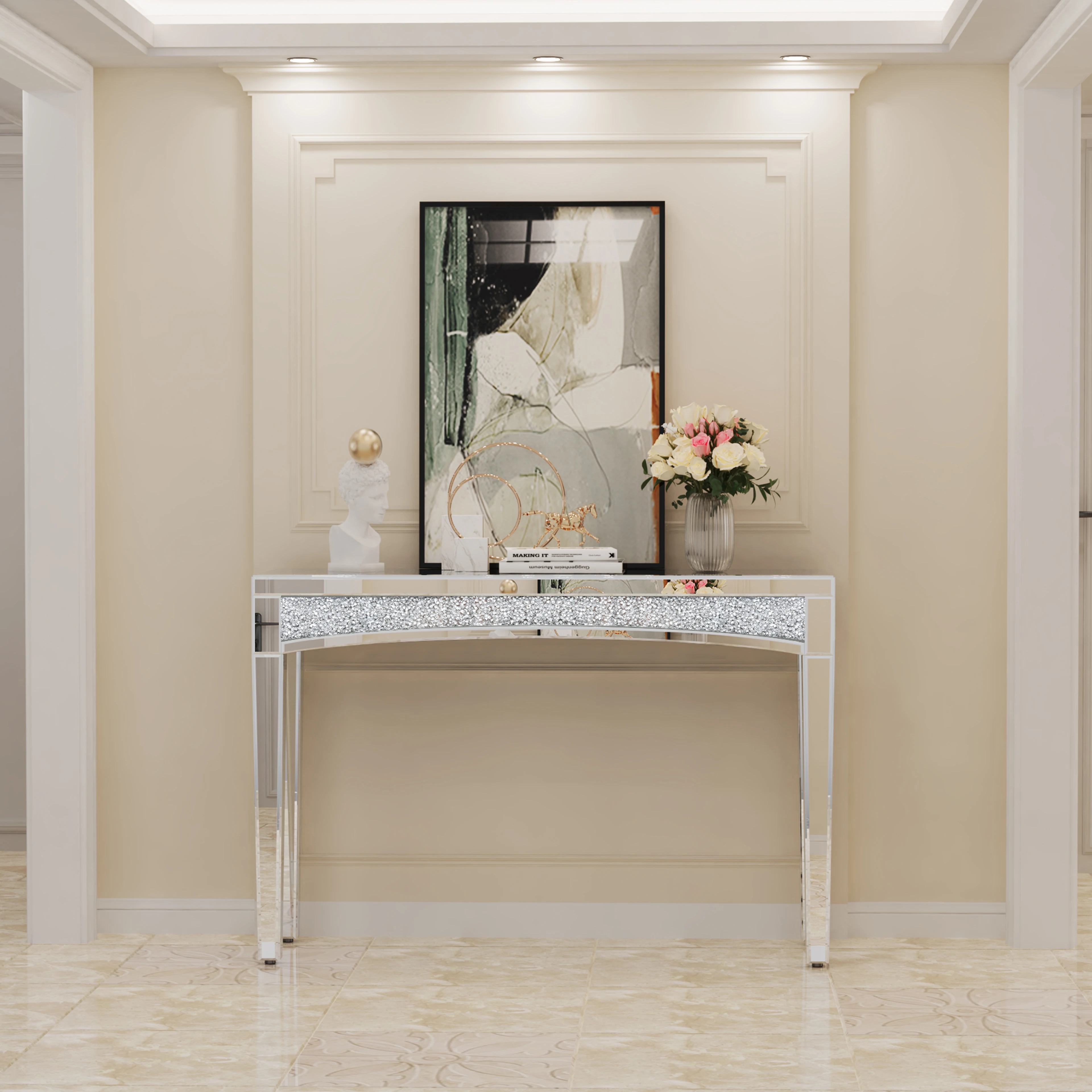 Crushed Diamond Console Table | 47.2'' Mirrored Entryway Table | Sparkling Silver Vanity Desk for Home & Office Decor