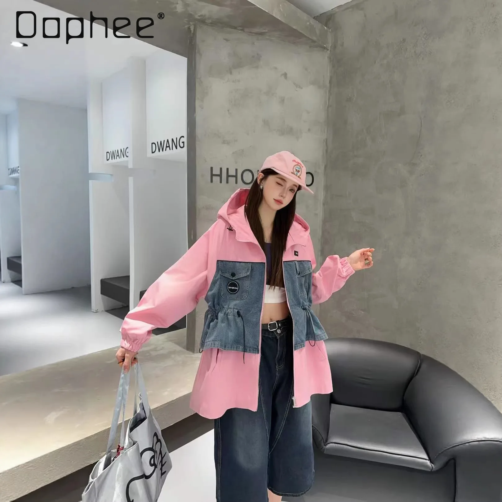 

European Trench Coat Women's 2026 Spring New Denim Splicing Pull Rope Hooded Letter Printing Loose Coat