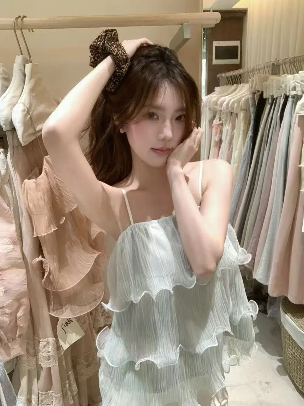 Mint Green Layered Leaf  Small Strap Vest Women's Summer Atmosphere Cake Top Commute Style Loose Fit Breathable Single Piece