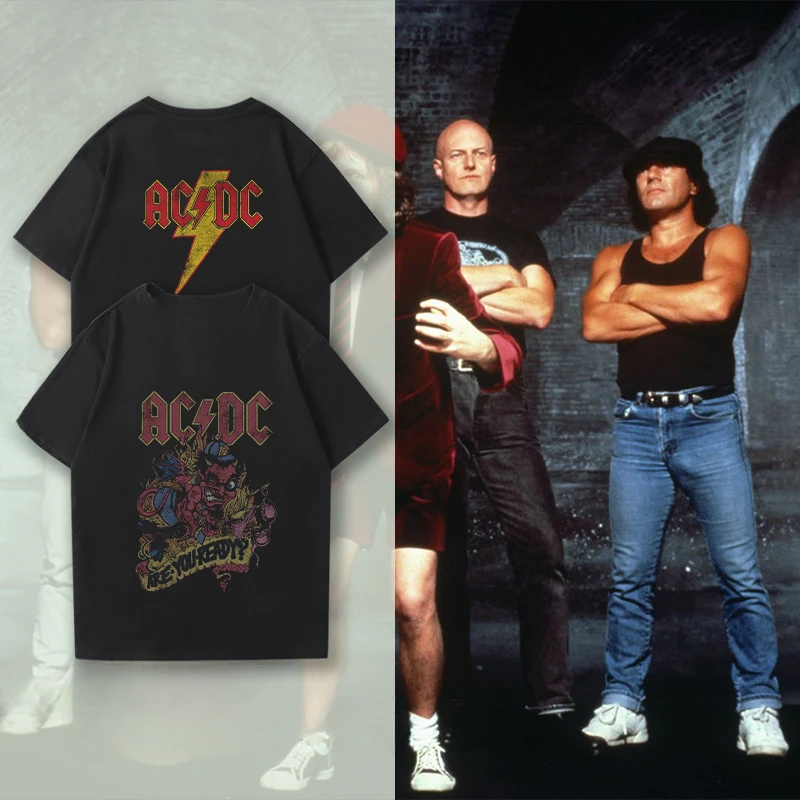 Bad Boy ACDC Band Poster Ins American Trend Brand Loose T-Shirt European and American Style Printing Student Personality White