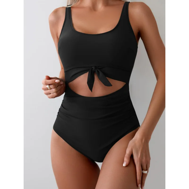 Ruched Tie-Knot Tummy Control One-Piece Swimsuit Patchwork Printing Women Bandage High Waist Vacation Beach Resort Bathing Suit