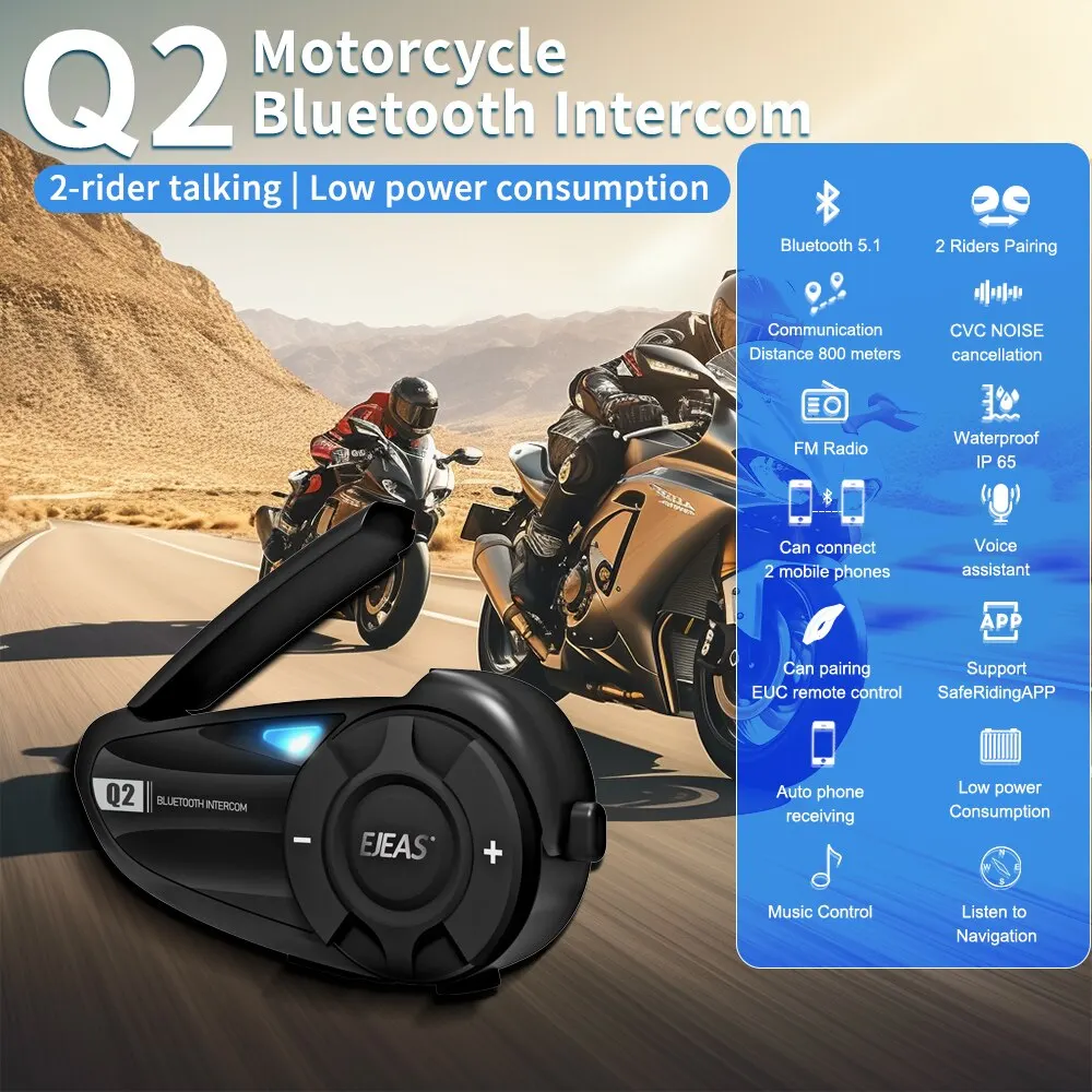 EJEAS Q2 Motorcycle Helmet Intercom Bluetooth 5.1 Headset Quick Pair Waterproof Up to 2 Riders Wireless Interphone Earphone