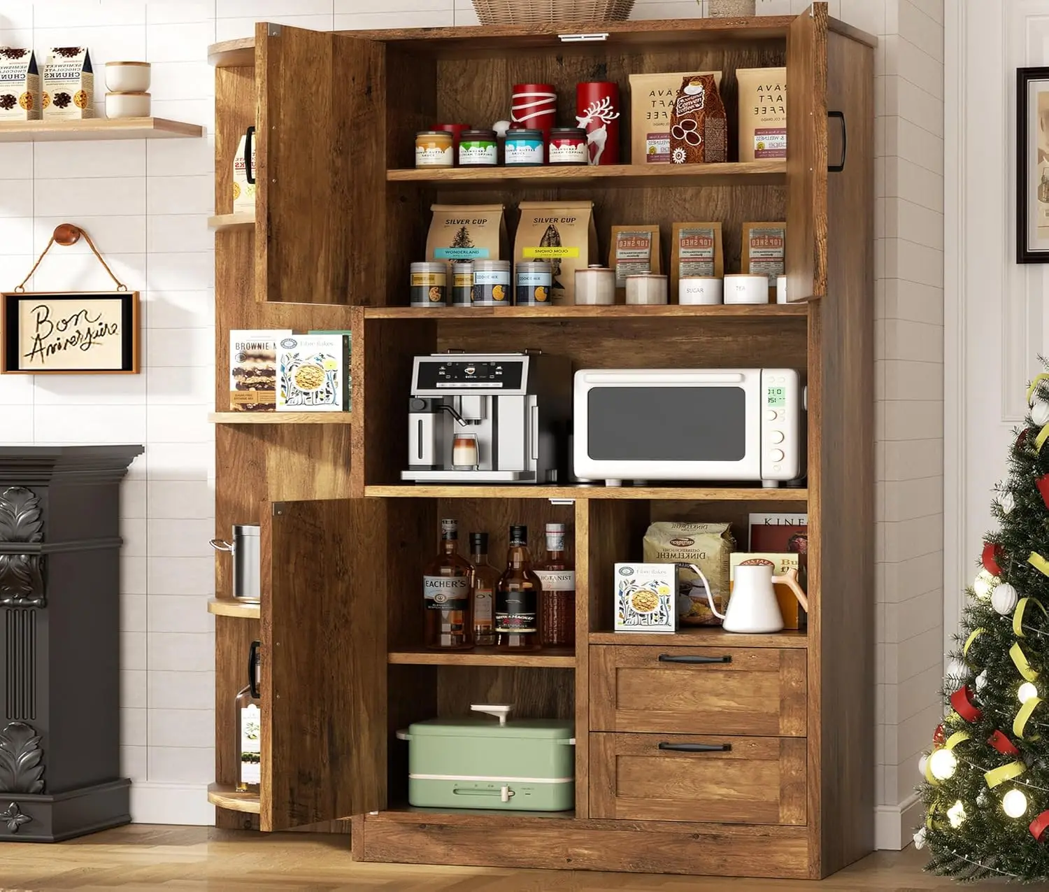153 cm Hoher Küchenschrank mit Mikrowellenablage, Freistehender Landhaus-Küchenschrank, Holz, Maßgefertigt