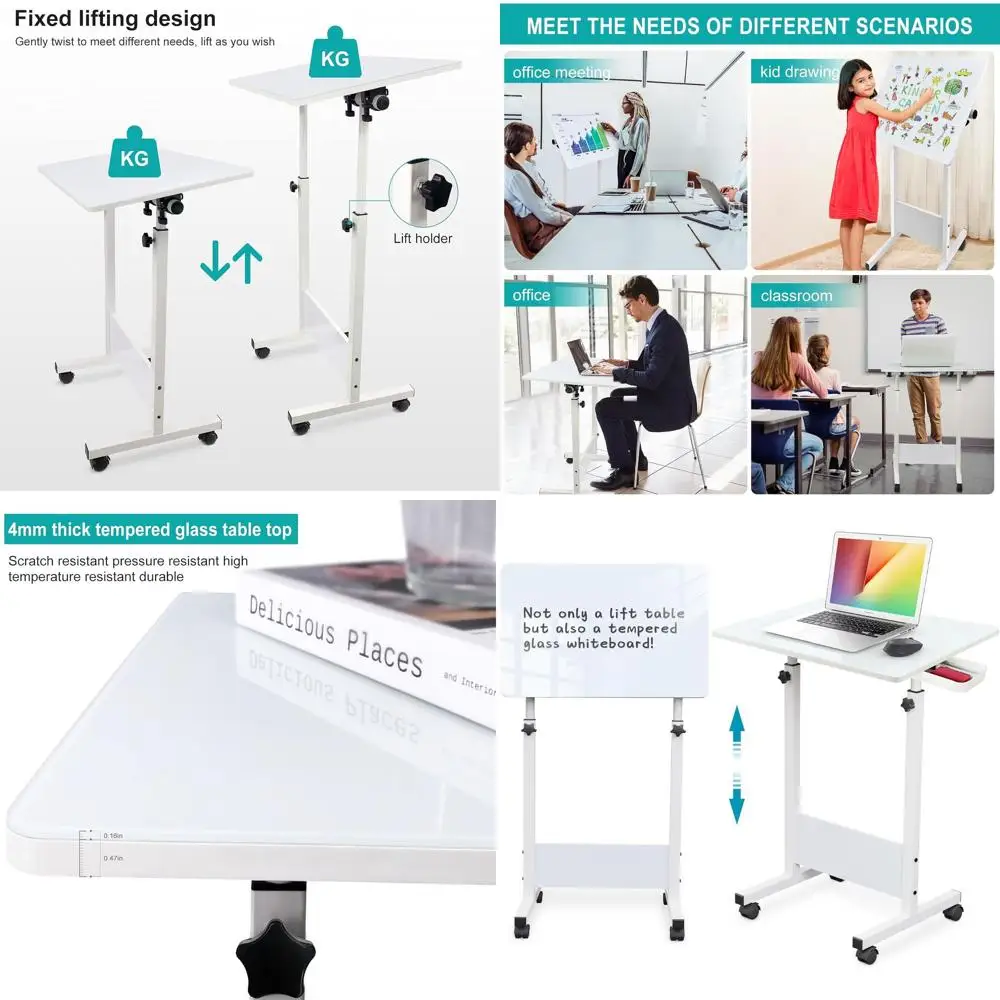 

Ergonomic Glass Top Standing Desk, 360° Rotatable, Wheels, 31, Adjustable 32-47 for Compact Spaces, White