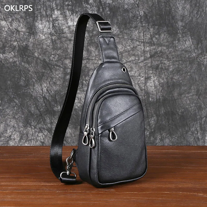 Bolsa Peito de Couro Masculina Bolsa tiracolo de couro real, bolsa de ombro clássica, camada principal, casual, retrô, juvenil, tudo em um