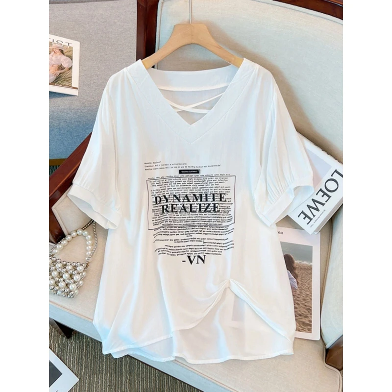 

Slit Hem Loose Print Letter Street Casual Tops Summer New Short Sleeve Irregular Fashion T Shirts Harajuku Korean Women Clothing
