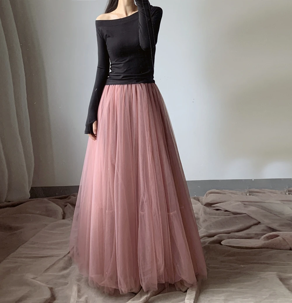 Women Midi Tulle Skirts High Waist Layered Solid Color Flowy A-line Long Tutu Skirts