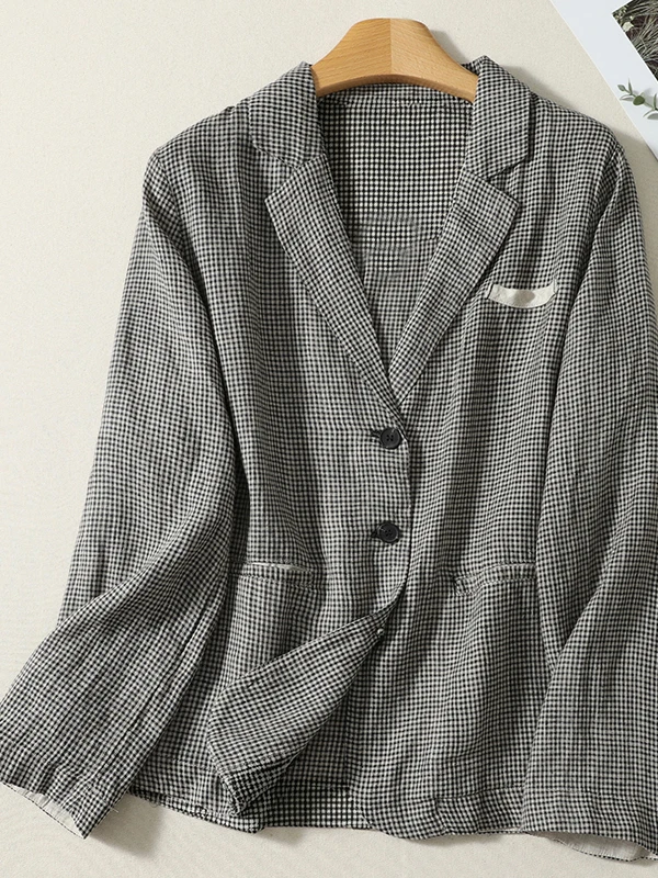 Early Autumn 2026 Women's plus Size Checkered Suit Jacket Long Sleeve Tailored Lapel Single Button Thin Western Style Coat