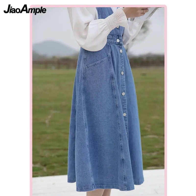 Women\'s Sweet Casual Two Pieces Dress Set 2022 Lady Graceful Peter Pan Collar White Shirt+Denim Overalls Skirts Suit Student