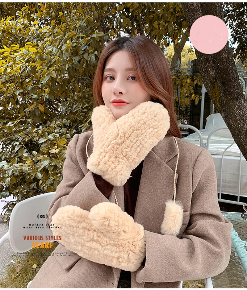 Women's Winter Real Rex Rabbit Fur Gloves Warm Thick Ladies Fur Mittens Elastic Girls Ski Glove Mitts Elastic Soft With String