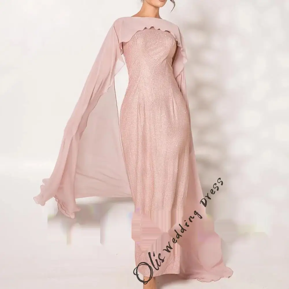 

customized Graceful Shawl Chiffon Evening Dresses High Quality A-Line Ankle Length Boat Neck Long Sleeves Watteau Train Vestid