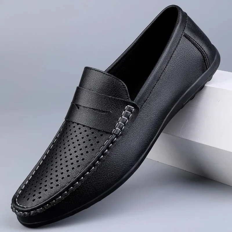 Soft Men Loafers Slip On Leather Men Casual Shoes Hollow Out Summer Footwear Flats Moccasins Plus Size 38-47