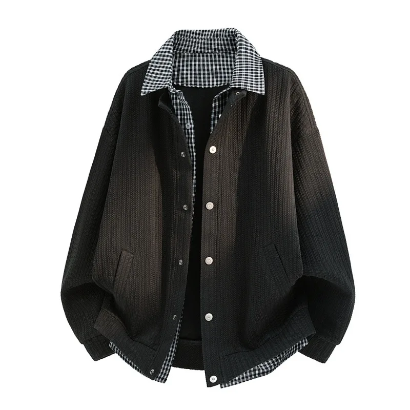 

Мужская весенняя куртка в клетку с пэчворком, отложным воротником, имитация двухслойности, однобортная, с длинным рукавом, повседневная мужская верхняя одежда