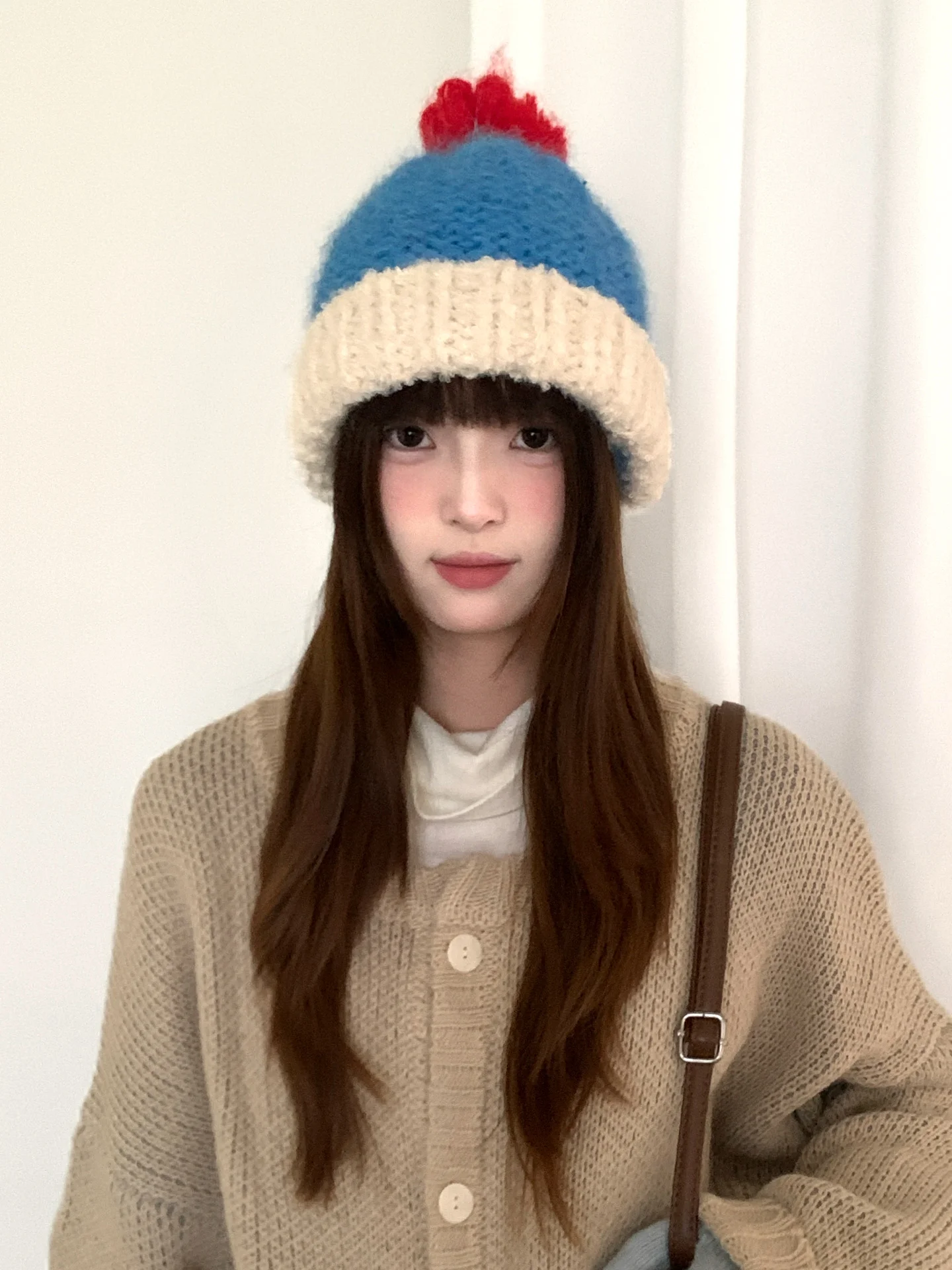 Japanese-Style Cute Color-Blocked Knitted Hat For Girls Winter Warm Woolen Hat Cold-Proof Ear-Covering Hooded Hat
