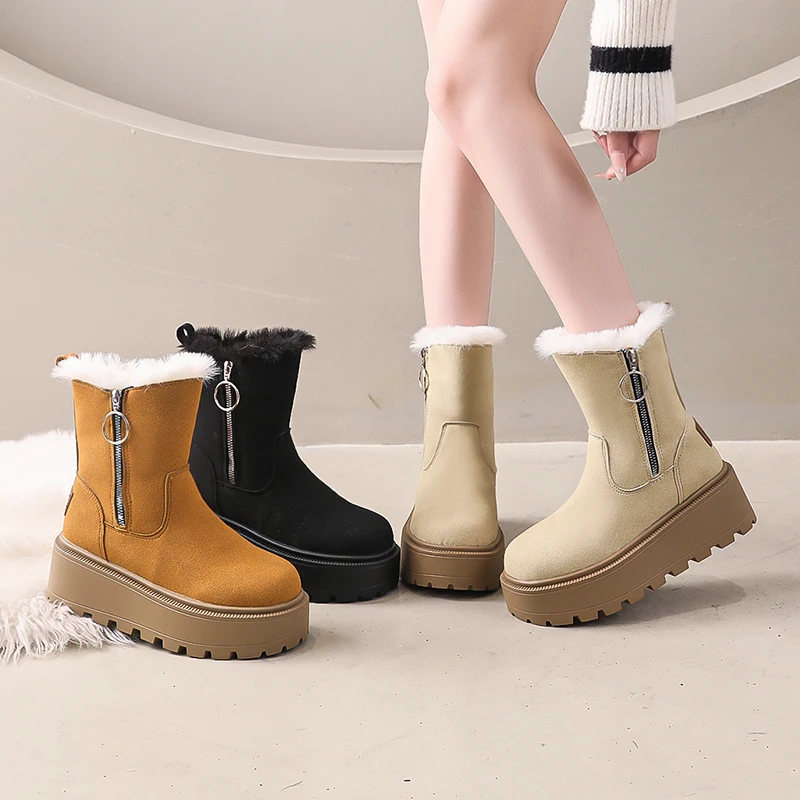 

Wedge Snow Boots Winter New Round Toe Suede Plus Wool Warm Zipper Non-Slip Short Cotton Shoes