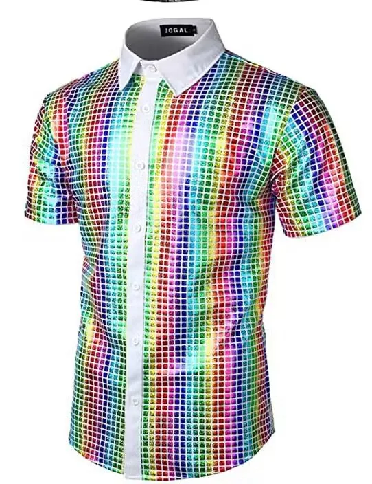 2023 men\'s formal shirt sequin button up shirt 70s disco party cosplay clothing