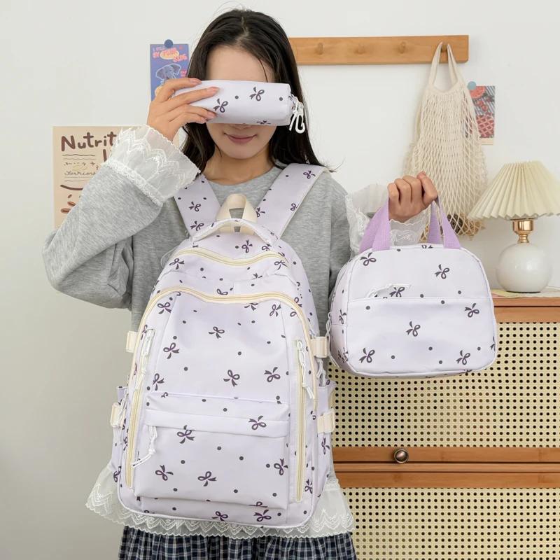 3pcs Women Nylon Cute Kawaii Backpack Set with Lunch Pack Coquette Rucksack for Travel Outings Picnics Recreational Activities