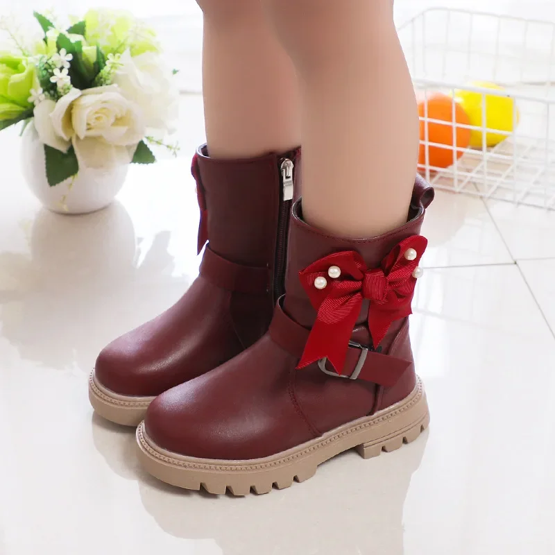 Soft-soled Non-slip Mid-calf Boots Girls Autumn Kids Student Pearl Bow PU Leather Boots Baby Children Warm Casual Chelsea Boots
