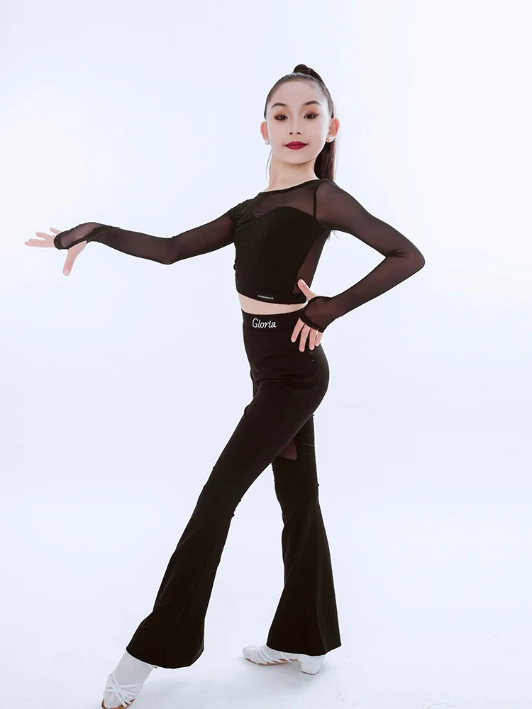 Latin Dance Costume Girls Long Sleeve Tops Pants Tassel Skirt Practice Outfit Kids Rumba Samba Dancing  Performance Wear DL11742