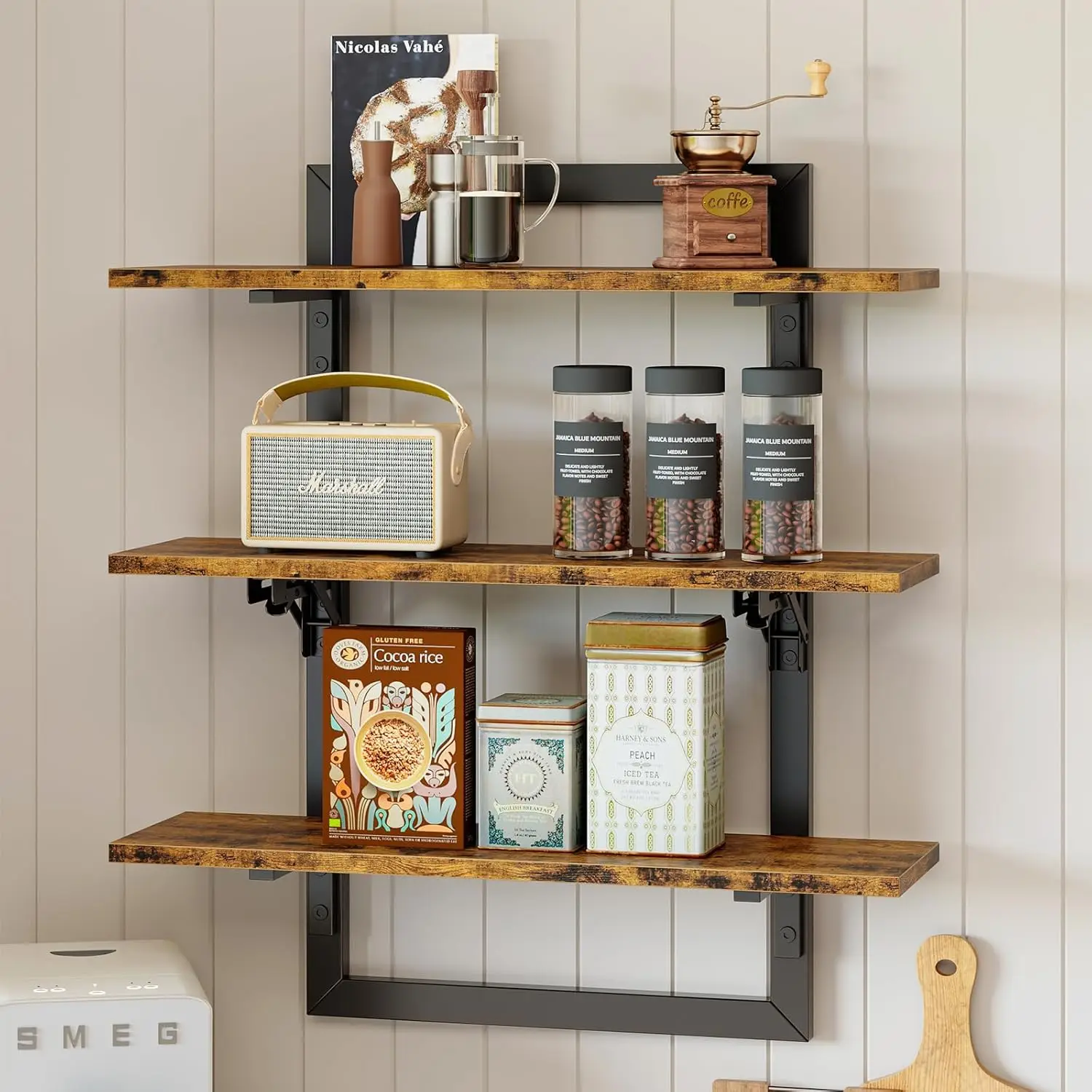 Floating Shelves for Wall, 24 inch Kitchen Shelves Wall Mounted, 3 Tier Coffee Bar Shelf with Foldable Brackets, Industrial Disp