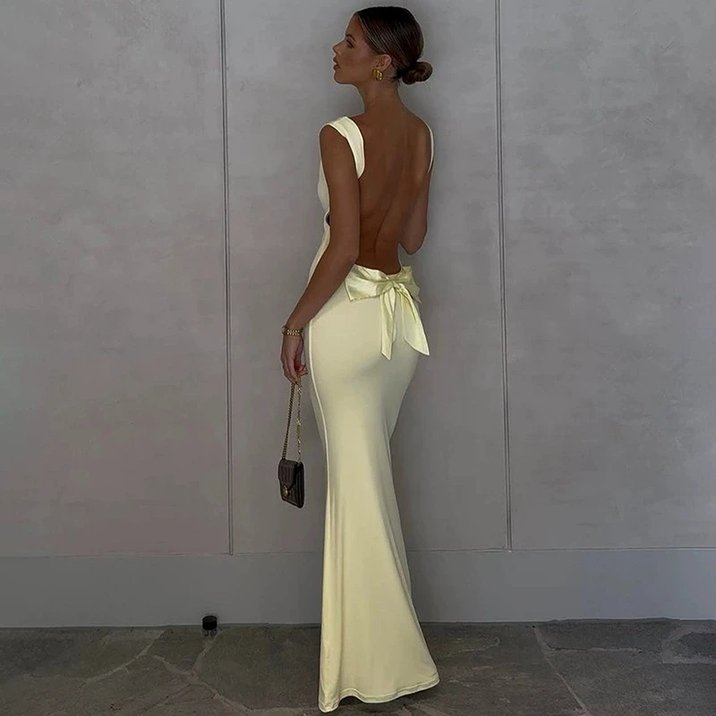 Women's Elegant Solid Color Slim Maxi Dress Sexy Backless Bowknot Spaghetti Strap Package Hip Party Long Dresses Female Robe