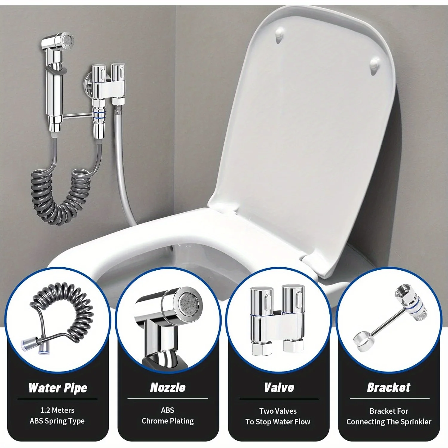 

6-piece modern toilet set, hand-held spray and dual control valve, complete set with hose and connector