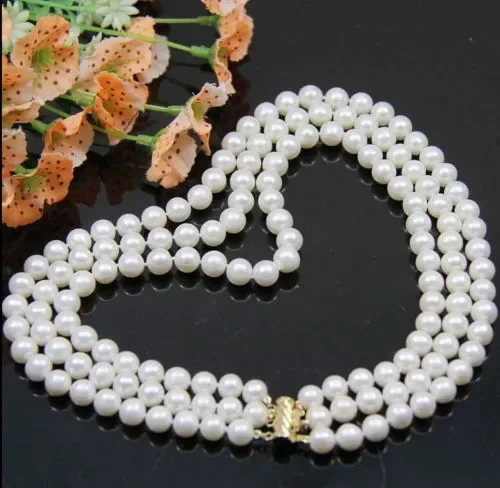 

noble women gift 17-19INCH GOLD CLASP AAA classic triple strand 7-8 mm natural south sea white pearl necklace