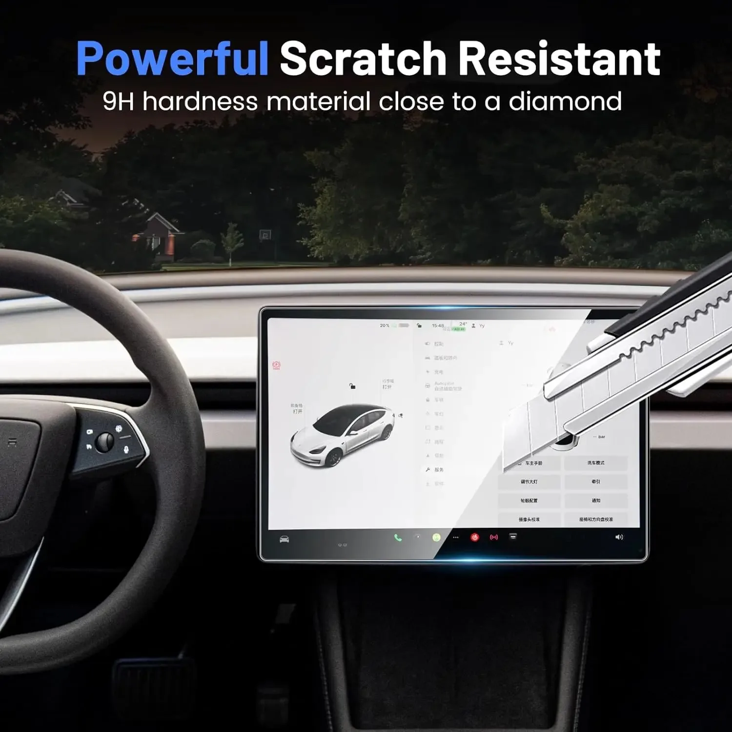 Matte Anti-Glare Tempered Glass Screen Protector for Model Y (2024-2020), Model 3 (2023-2017) with installation tools