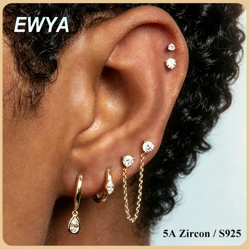 

EWYA 5A Zircon Tassel Chain Earrings for Women Man S925 Silver Lab Diamond Dainty Drop Earring Pierced Party Fine Jewelry Gift