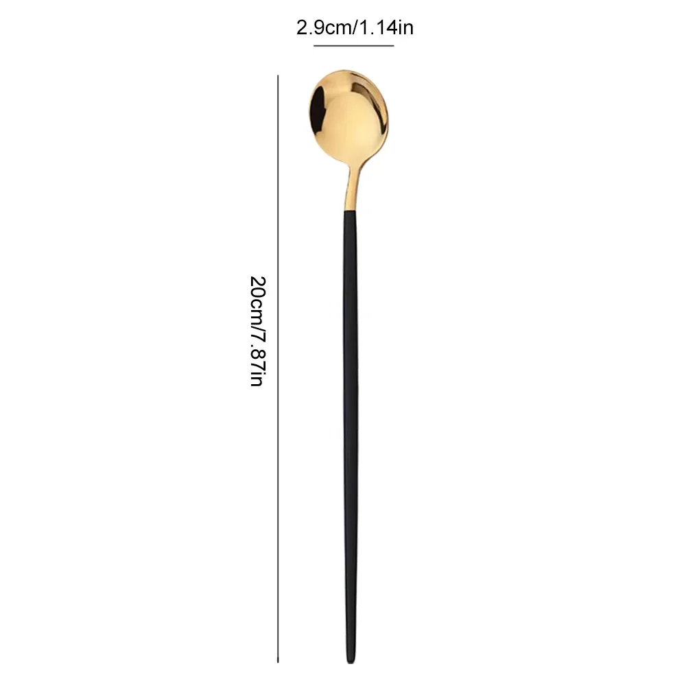 6Pcs Coffee Stirring Spoon Flatware Cutlery Set Juice Black Gold Tea Spoons Dinnerware Ice Cream Long Handle Scoop Kitchen Tools